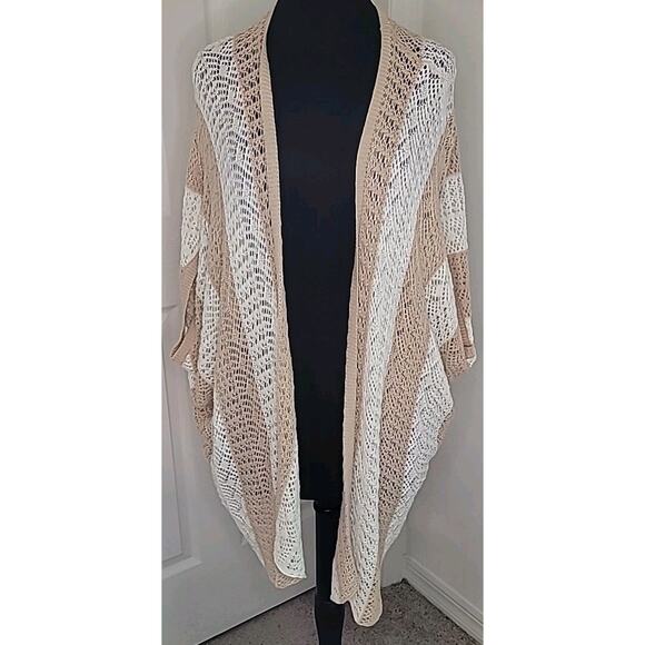 Romantic Boho Crochet Cardigan Poncho – Tan & White Stripe – Size Large - Picture 1 of 8
